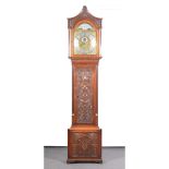 Oak longcase clock, arched pediment,