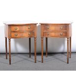Pair of reproduction mahogany side tables, shaped tops with circular leather inset,
