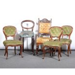Oak hall chair, carved frame, fluted legs, joined by shape stretchers, upholstered back and seat,