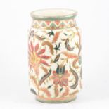 Zsolnay, Pecs, cylindrical vase, painted with flowers and leafy scrolls, printed mark, 24cm.