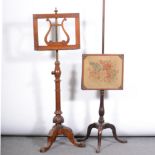 Mahogany music stand, metal pole with a lyre shape stand, turned and fluted column,