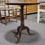 Georgian oak pedestal table, circular fixed top, turned column, tripod legs, diameter 69cm,