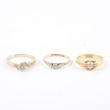 Three diamond solitaire rings, two 18 carat yellow gold approximate weight 5.3gms, one un-marked 2.