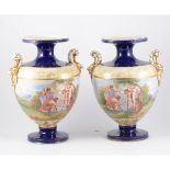 Staffordshire Pottery vase, twin-handled, painted with a classical scene, after Kaufman, cracked,