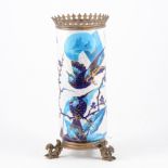 19th Century French Creil et Montereau pottery vase, cylindrical body, painted with birds,