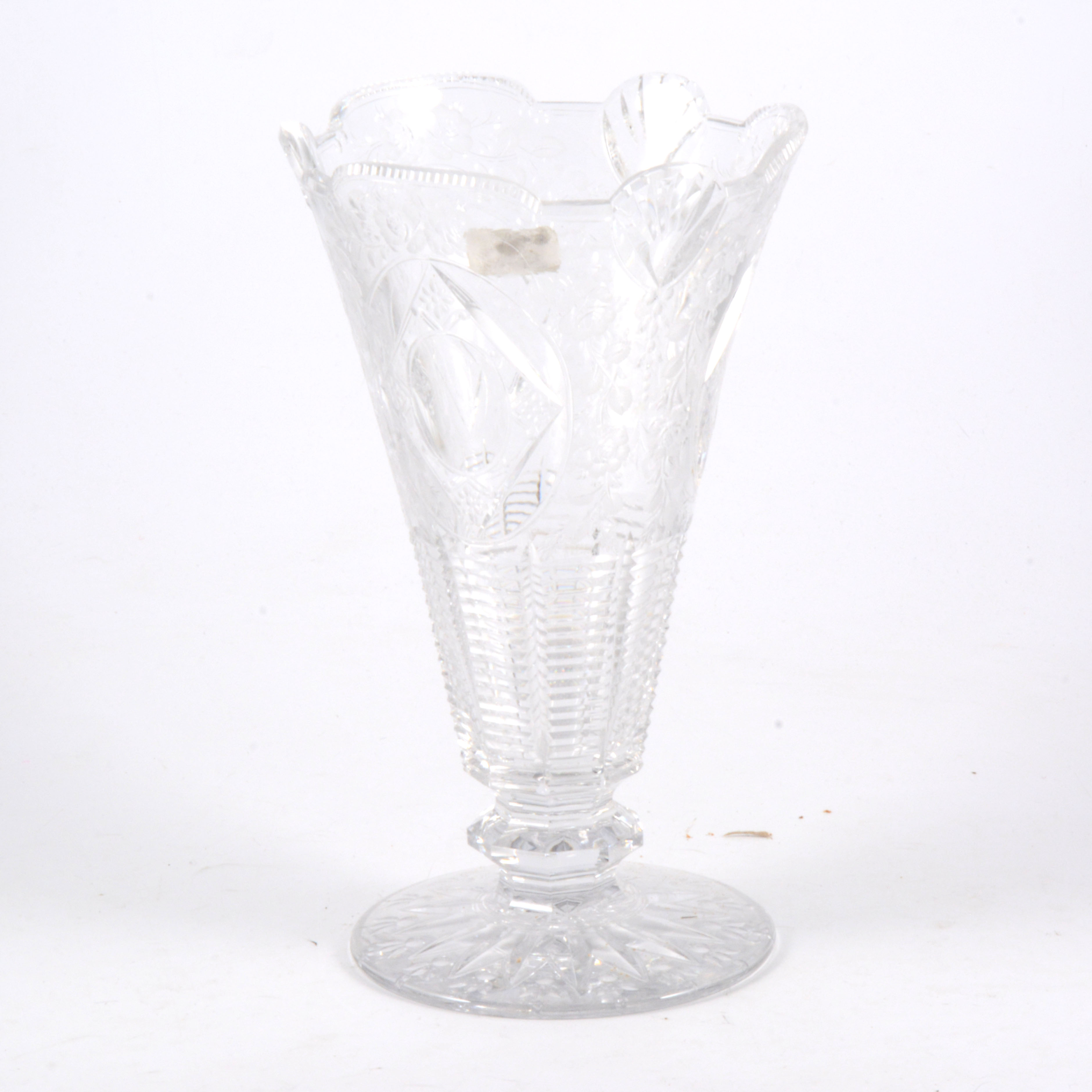 Fine quality cut-glass trumpet shaped vase, by Royal Tudor, cut and engraved decoration, 32cm.