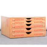 Oak artist's paper trade box, rectangular form, five drawers, Papiers Canson, turned handles,