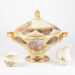 Pauly of Venezia large lidded comport, scenic vignettes and gilded knop and handles, 30cm high,