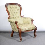 Victorian easy chair, mahogany hoop back with scrolled frame, cabriole legs on castors, 76cm.