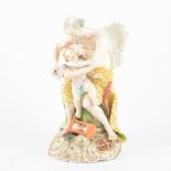 Meissen style group, Cupid with Old Father Time, underglazed blue painted crossed swords mark,