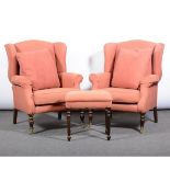 Pair of modern armchairs, Victorian style, with wing backs, scrolled arms, turned stained wood legs,