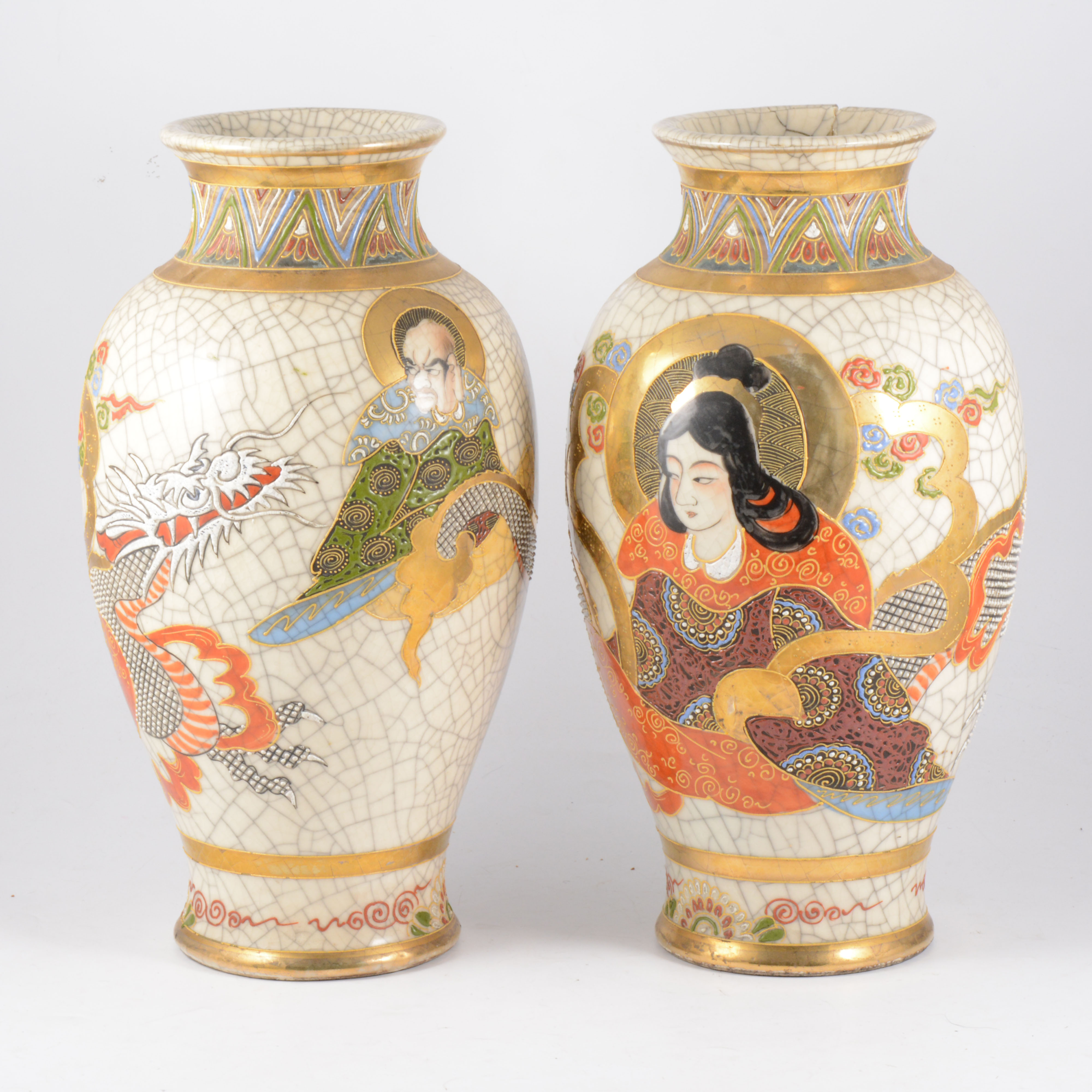 Two large Satsuma vases, (one a.f.), two Imari style plates and one Chinese plate, (5).