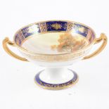 Noritake pedestal comport, blue, and gilt banded outline, 12.