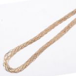 A yellow, red and white metal necklace, nine rows of flat S link chain plaited, 6mm wide,