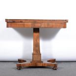 Victorian rosewood card table, rectangular foldover top with canted corners, square tapering column,