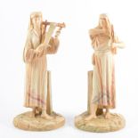 Pair of Hadley Worcester blush ivory figures, Musicians, No.1084, both damaged, 32cm.