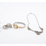 A quantity of costume jewellery, marcasite necklace and brooch, two pairs of earrigs,