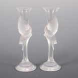 Pair of French frosted and clear glass candlesticks, ...