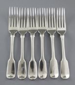 A set of six George IV silver fiddle pattern table forks, hallmarked London 1825, maker Charles