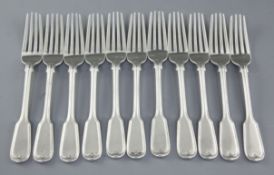 A set of eleven early Victorian silver fiddle and thread pattern dessert forks, by Francis