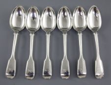 A set of six Victorian silver fiddle and thread dessert spoons, by Josiah Piercy II, hallmarked