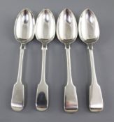 A pair of William IV silver fiddle pattern serving spoons and a similar Victorian pair, hallmarked