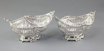 A pair of Victorian pierced silver navette shaped sweetmeat dishes, by Nathan & Hayes, hallmarked