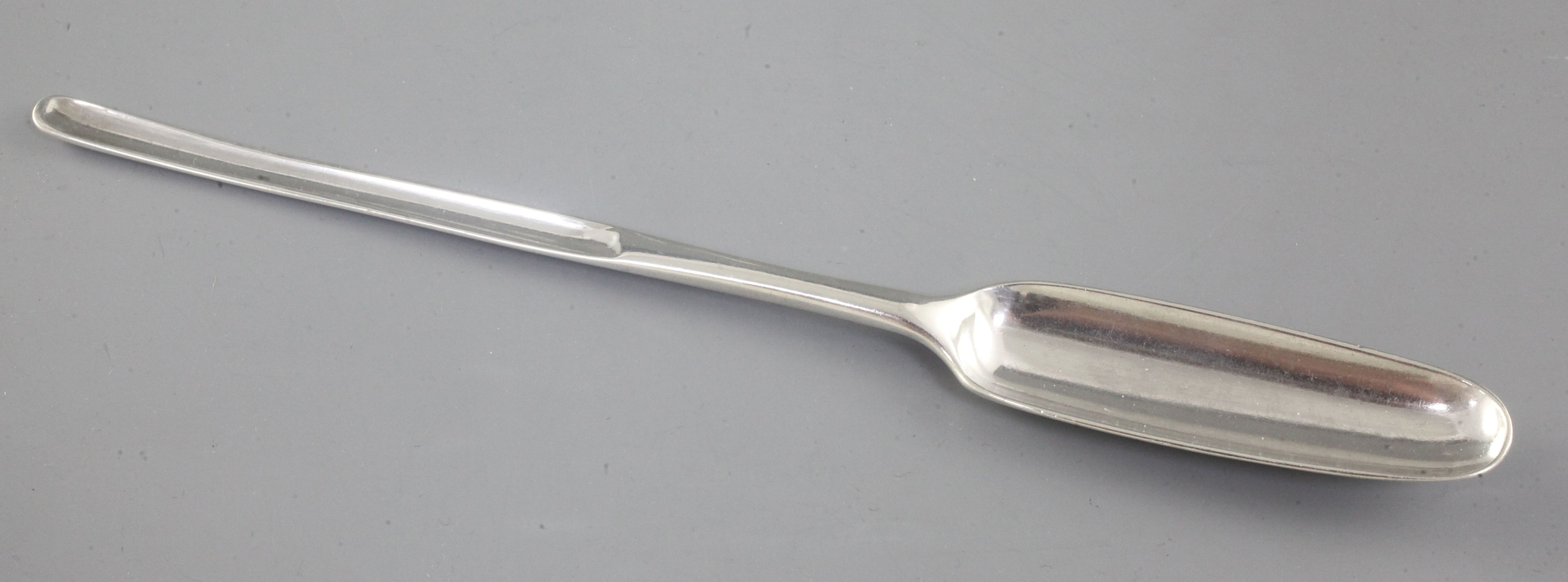 A George II silver marrow scoop, by Roger Hare, hallmarked London 1752, bearing an unusual