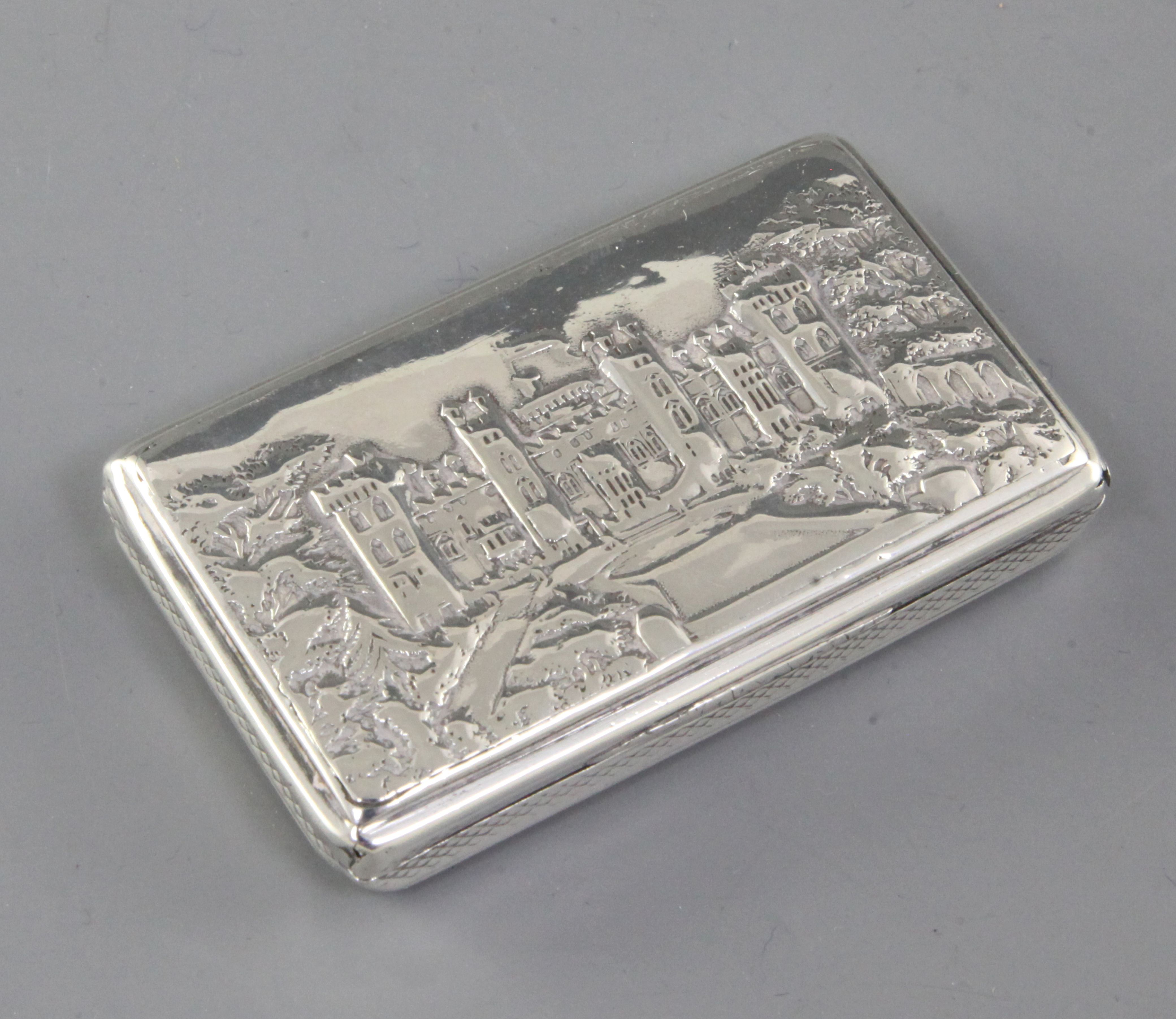 An early Victorian silver castle top snuff box, by Nathaniel Mills, hallmarked Birmingham 1837, of