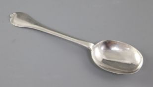A Queen Anne Britannia standard silver trefid spoon, hallmarked London 1702 makers mark rubbed, it