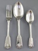 A George IV part canteen of silver fiddle, thread and shell pattern flatware, hallmarked London