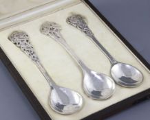A rare cased set of three George V Arts & Crafts silver spoons, by Omar Ramsden, hallmarked London