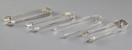 Four pairs of George III silver sugar tongs, including Peter, Ann & William Bateman, London, 1806,