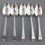 A set of five George III silver bright cut Old English pattern table spoons, by Samuel Godbehere &