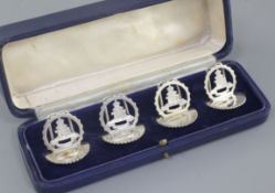 A cased set of four silver "The Royal Artillery" menu holders, by A. Wilcox, hallmarked Chester