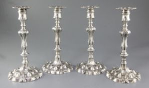 A set of four early Victorian silver candlesticks, by T.J. & N. Creswick, hallmarked Sheffield 1841,