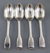 A set of four early Victorian silver fiddle and thread pattern dessert spoons, hallmarked London