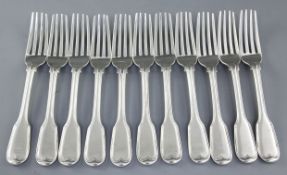 A set of eleven early Victorian silver fiddle and thread pattern table forks, by William Eaton,
