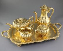 A silver gilt four piece tea and coffee set, by E.H. Parkin & Co, hallmarked for Sheffield 1965,