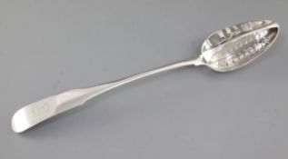 A large George III Irish silver fiddle pattern strainer spoon, by Richard Sawyer, hallmarked