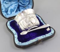 A cased Victorian Britannia standard silver sugar bowl in the form of a porringer, by Thomas Smily