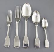 A Georgian/Victorian matched silver fiddle pattern part canteen of flatware, 90 oz/2807 grams.