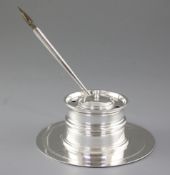 A Victorian silver capstan inkwell, by Edward Barnard & Sons Ltd, with associated dip pen, the