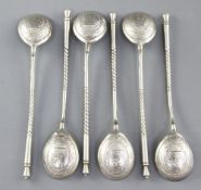 A set of six late 19th/early 20th century Russian 84 zolotnik silver picture back spoons,