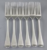 A set of six George III silver Old English pattern table forks, by Thomas Wilkes Barker,