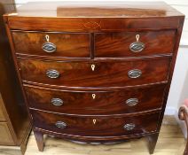 A Regency strung mahogany bowfronted chest of five drawers, W.3ft 4in.