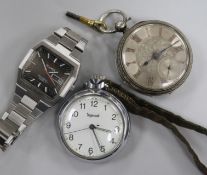 A gentleman's stainless steel Roamer Rockshell Mark II wrist watch and two pocket watches