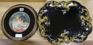 A small Victorian papier mache tray and an early Victorian painted silk panel of two girls (2) Tray-