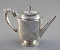 A George III tapered cylindrical silver teapot, bead edged with pine cone finial, maker William