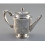 A George III tapered cylindrical silver teapot, bead edged with pine cone finial, maker William